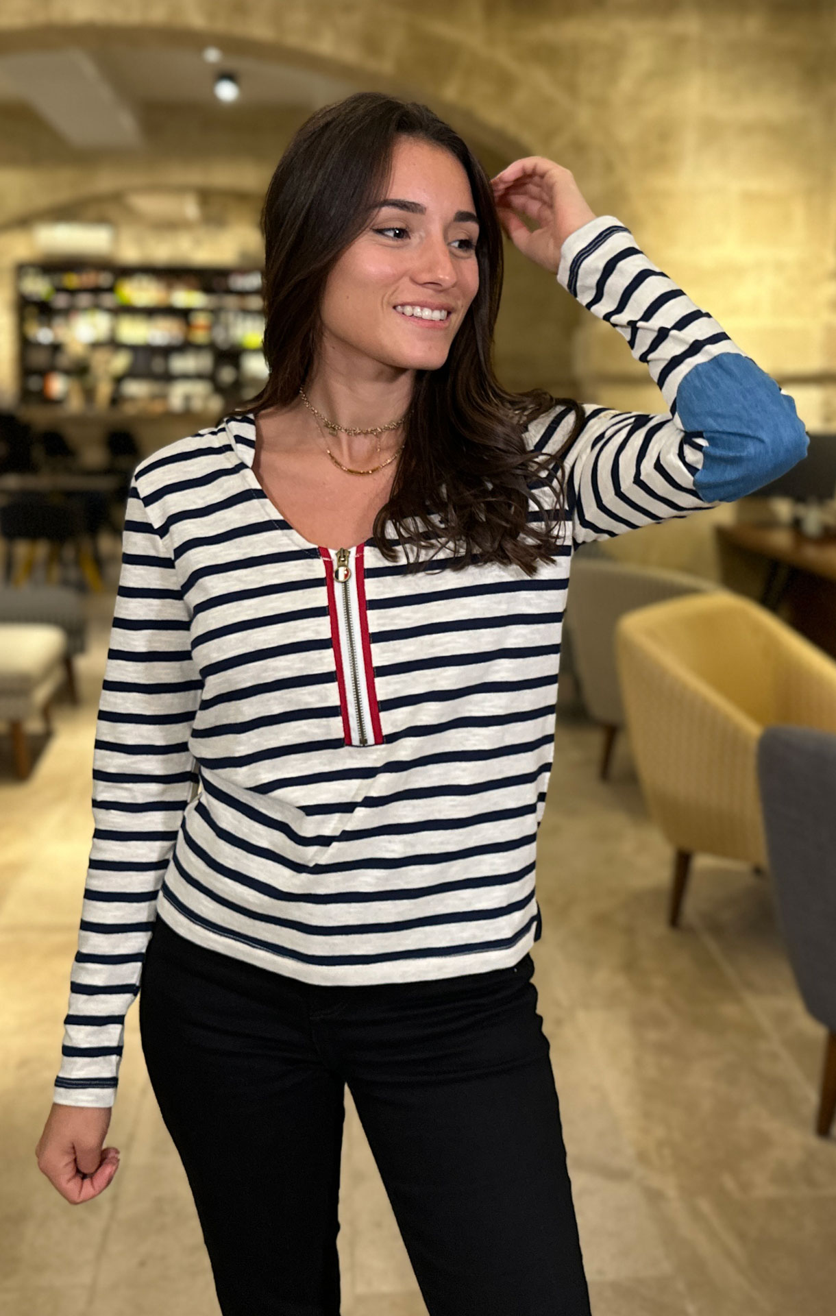 T-shirt zippé rayé à capuche DIVINE ECRU MARINE