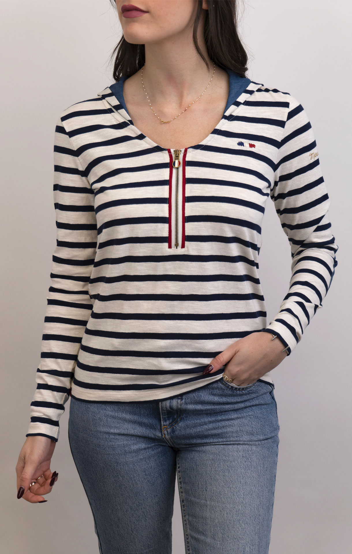 T-shirt zippé rayé à capuche DIVINE ECRU MARINE – Image 2